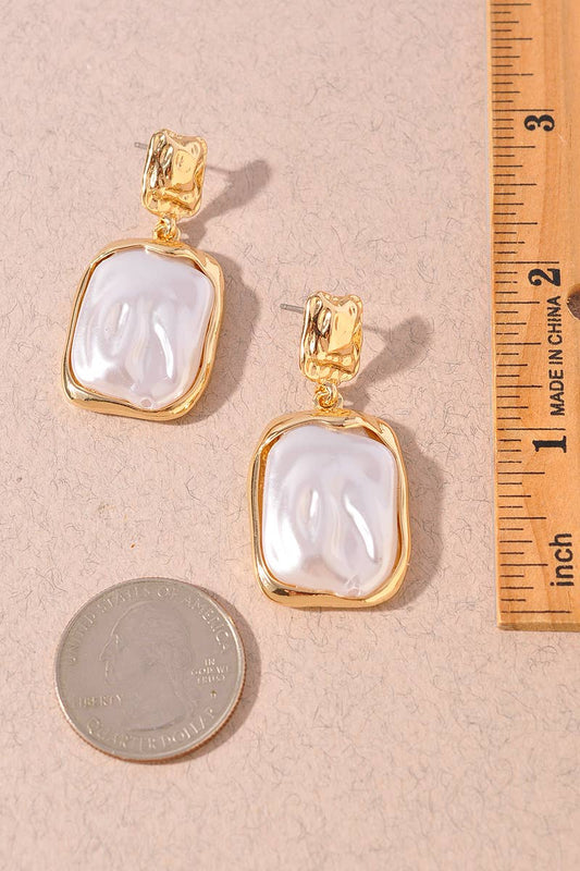 Hammered Rectangle Pearl Drop Earrings