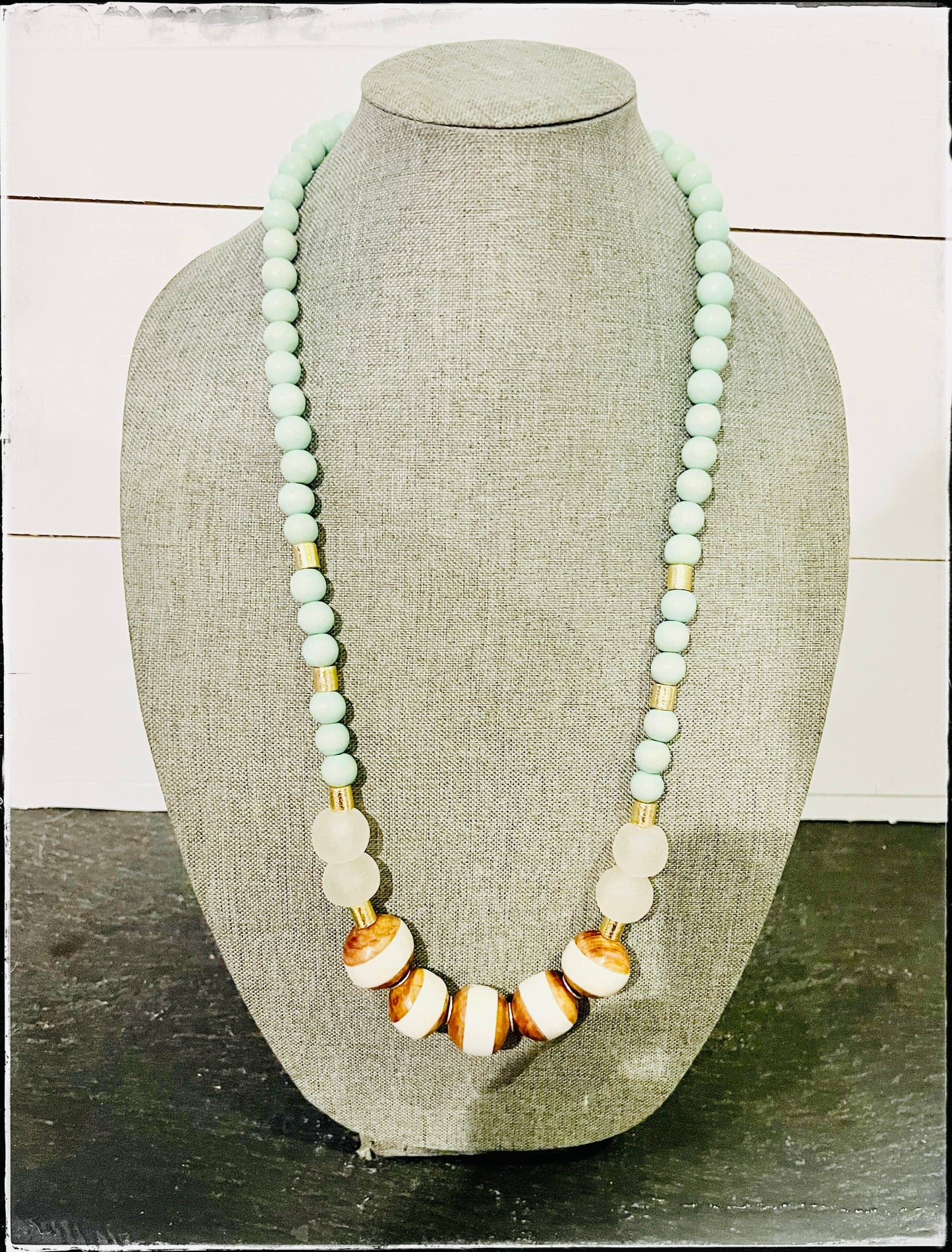 Tanzania Wood & Bone Bead Glass Bead Necklace- Mint Green