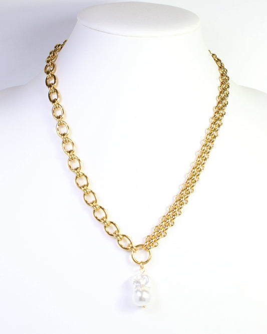 Coralie Asymmetric Link Pearl Necklace Gold