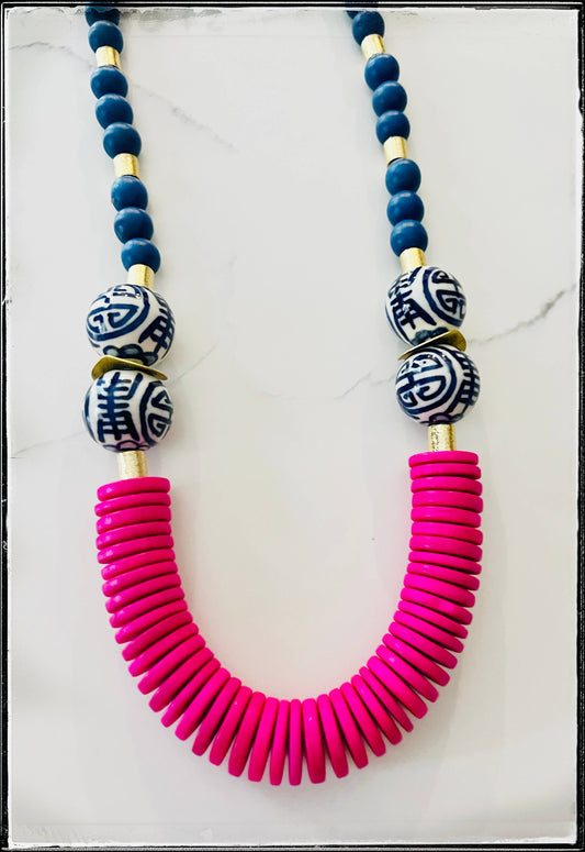 Coconut Wood Bead & Handpainted Chinoiserie Necklace- Blue