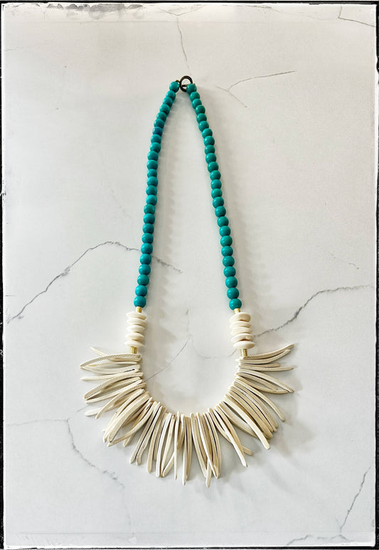 African Bone Disk Bead & Turquoise Wood Stick Bead Necklace