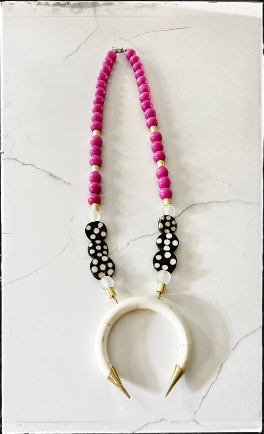 Wood & Bone Bead Necklace w/ White Bone Crescent Pendant