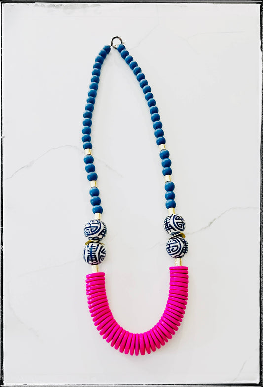 Coconut Wood Bead & Handpainted Chinoiserie Necklace- Blue