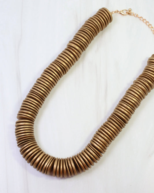 Leonora Wood Disk Bead Necklace Matte Gold