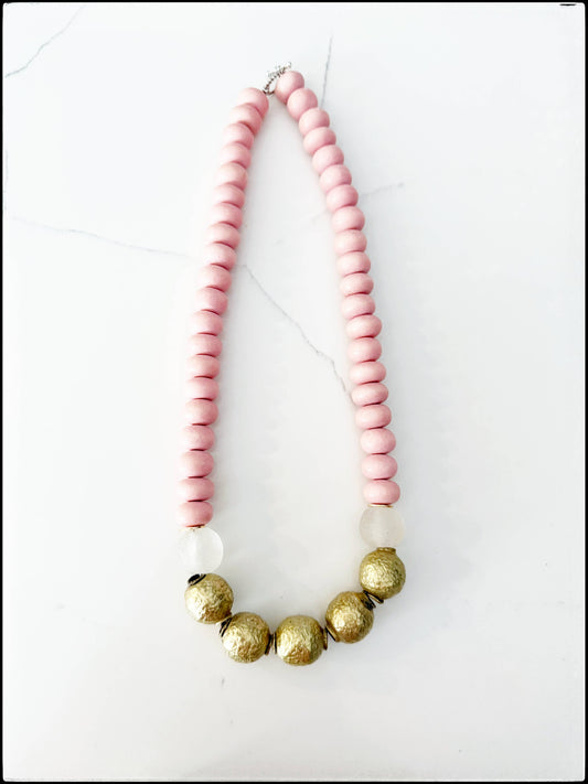 Brass Round Bead Midi Necklace Wood & Recycled Glass Pink