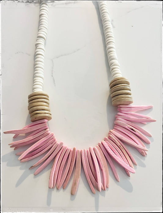 Pink & Tan Coconut Wood Stick & Disk Bead Necklace