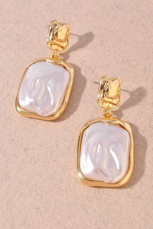 Hammered Rectangle Pearl Drop Earrings