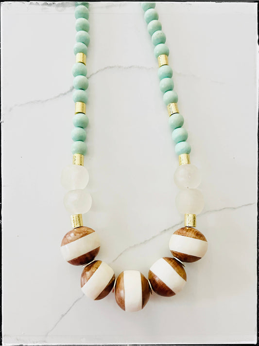 Tanzania Wood & Bone Bead Glass Bead Necklace- Mint Green