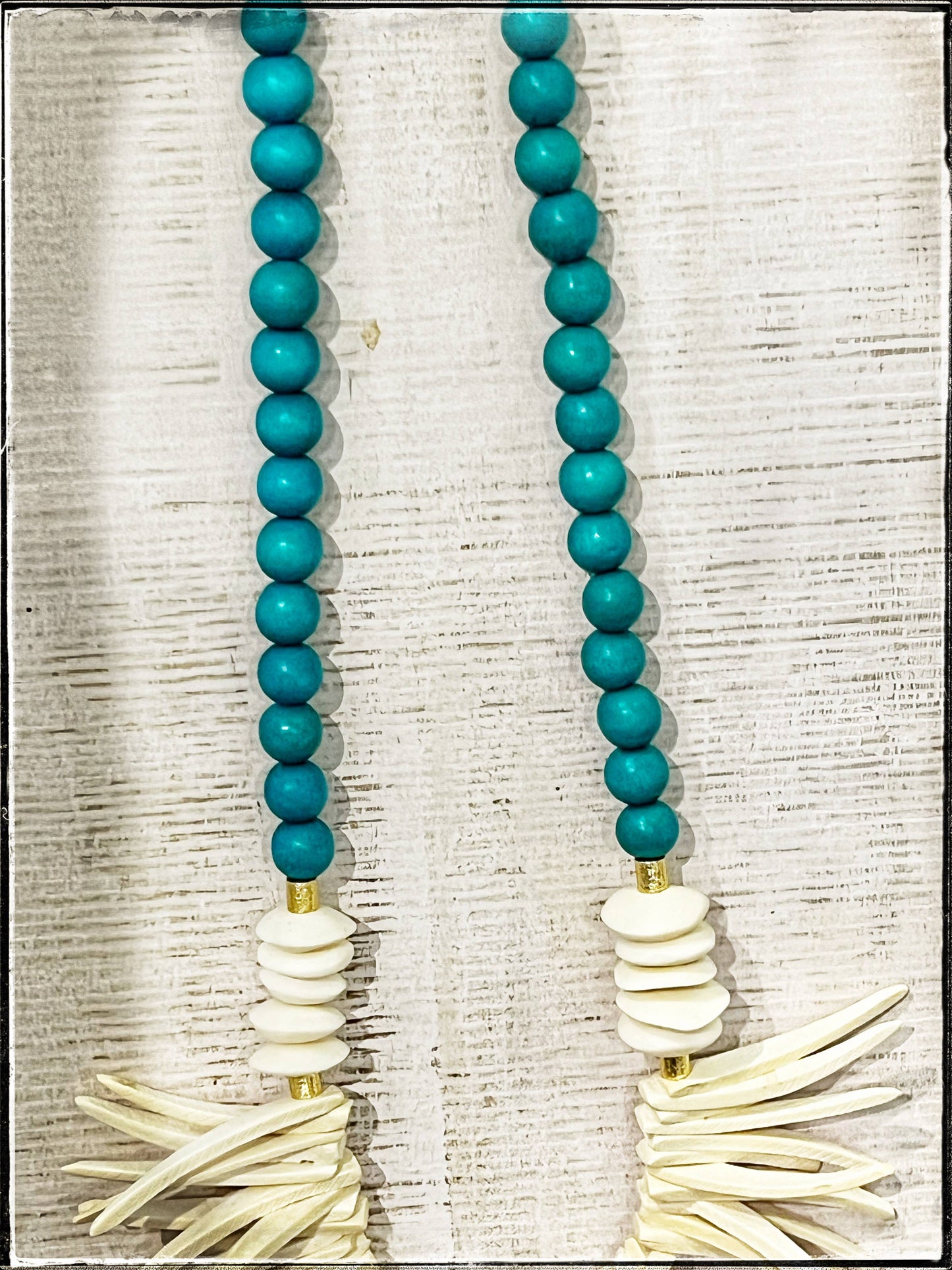 African Bone Disk Bead & Turquoise Wood Stick Bead Necklace