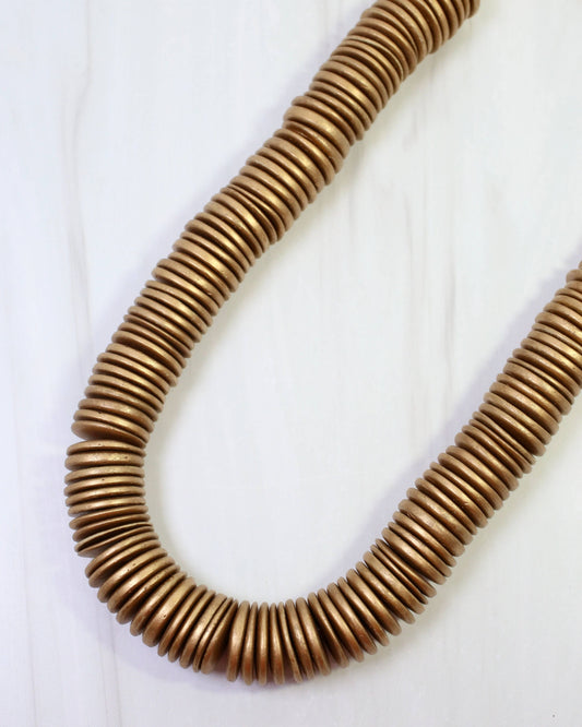 Leonora Wood Disk Bead Necklace Matte Gold