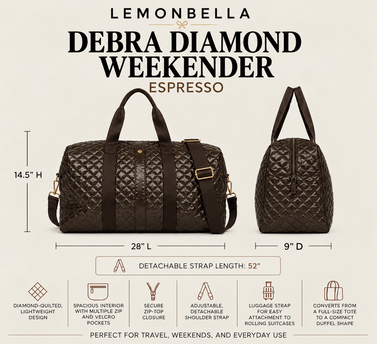 Diamond Quilted Weekender Duffel Bag | Espresso