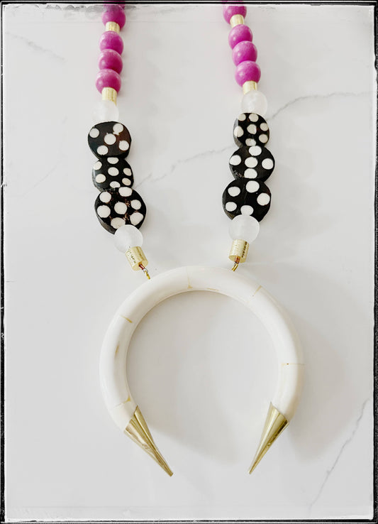 Wood & Bone Bead Necklace w/ White Bone Crescent Pendant
