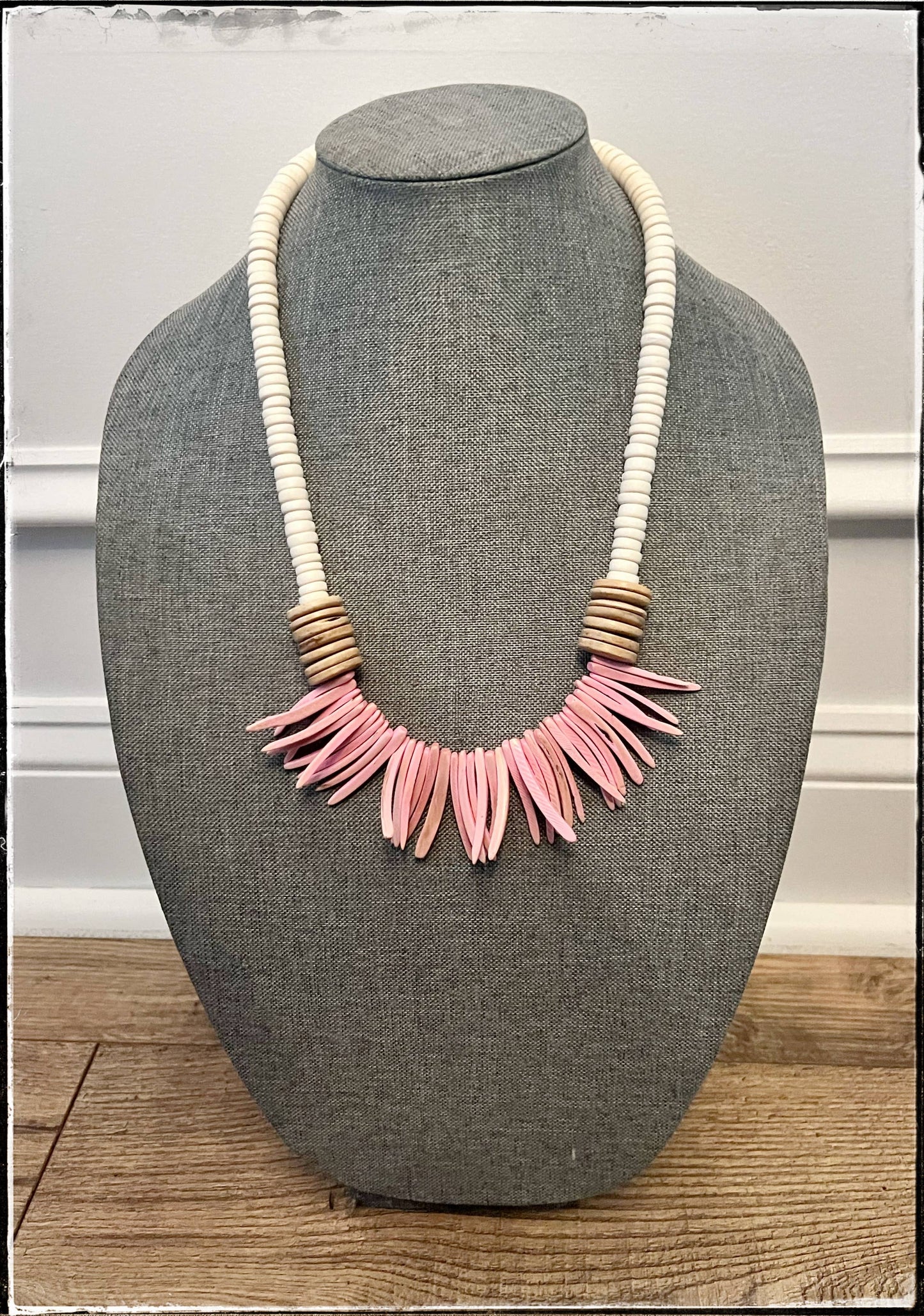 Pink & Tan Coconut Wood Stick & Disk Bead Necklace
