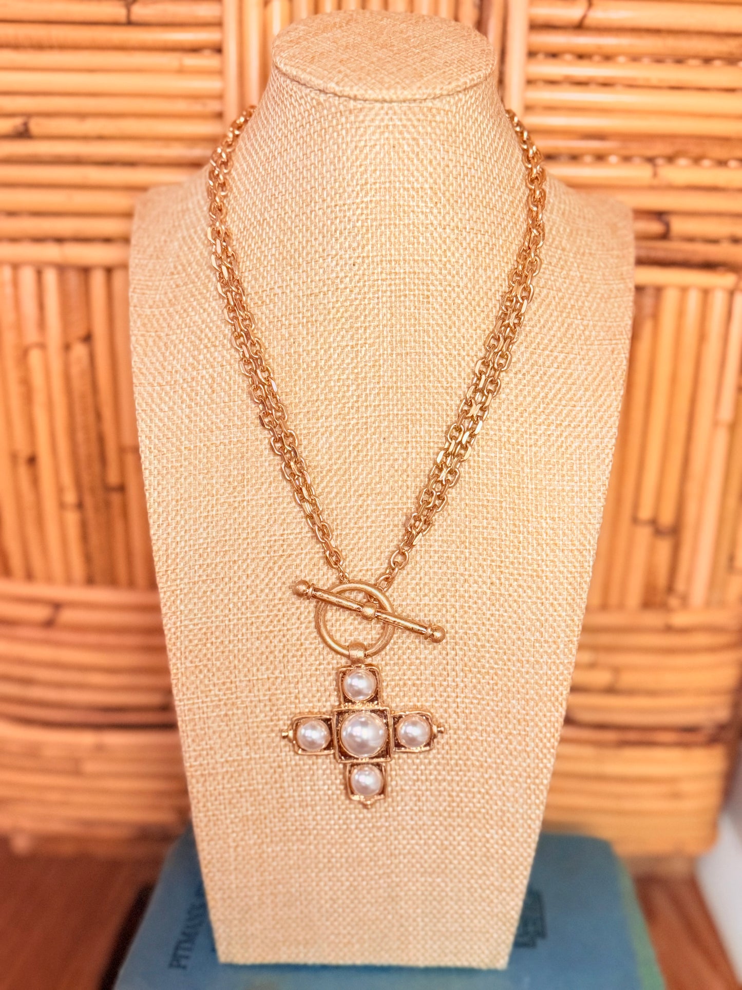 Double Chain Peal Cross Toggle Necklace