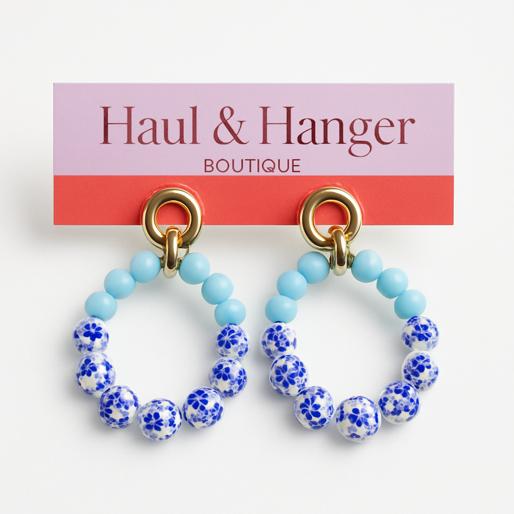 Blue Willow Beaded Hoop Earrings