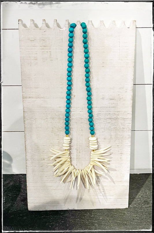 African Bone Disk Bead & Turquoise Wood Stick Bead Necklace