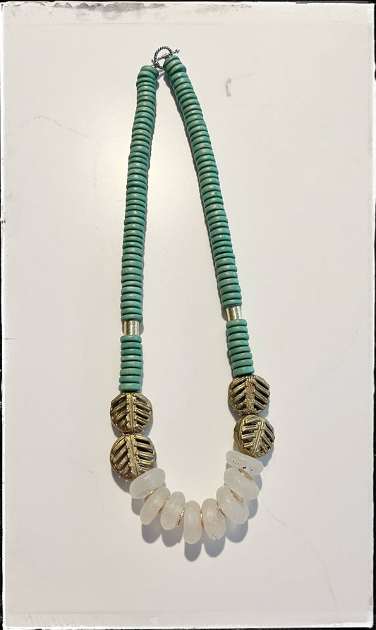 Green Short Wood African Bone Bead Cylinder Pendant Necklace