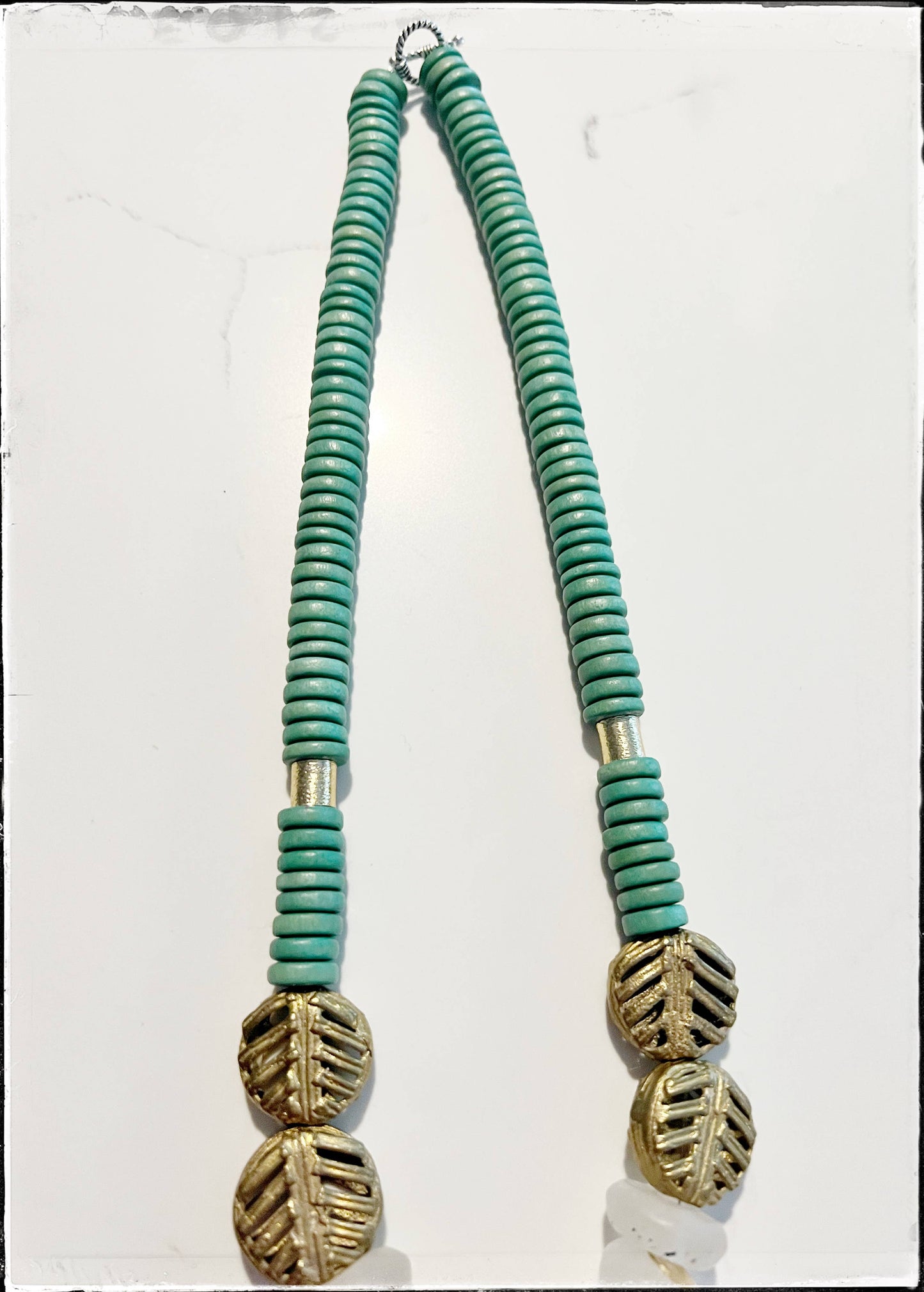Green Short Wood African Bone Bead Cylinder Pendant Necklace