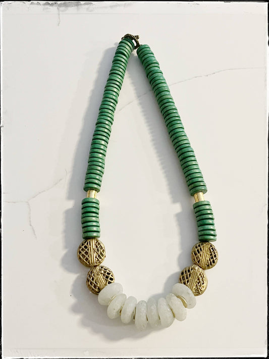 Green Short Wood African Bone Bead Cylinder Pendant Necklace