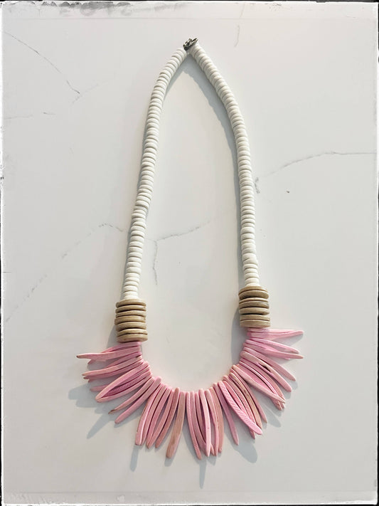 Pink & Tan Coconut Wood Stick & Disk Bead Necklace