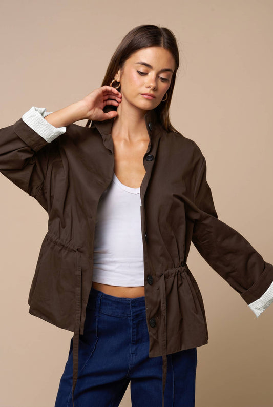 Drawstring Waist Button Down Jacket