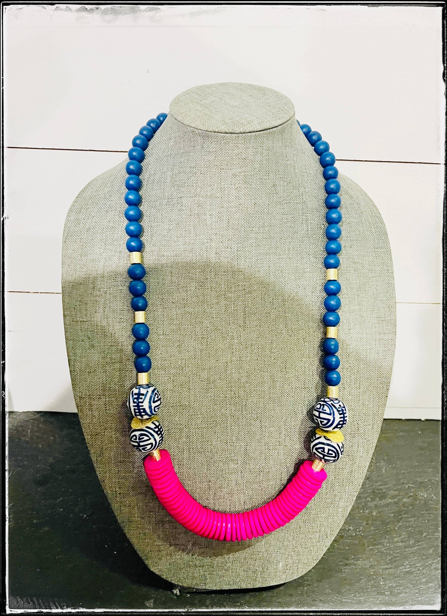 Coconut Wood Bead & Handpainted Chinoiserie Necklace- Blue