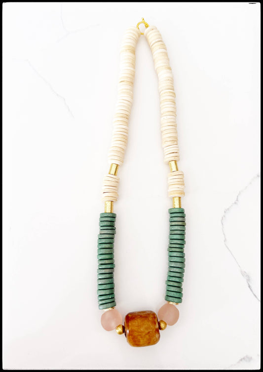 Midi Short Coconut Wood Bone Bead Recycled Glass Bead Green