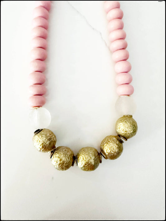 Brass Round Bead Midi Necklace Wood & Recycled Glass Pink