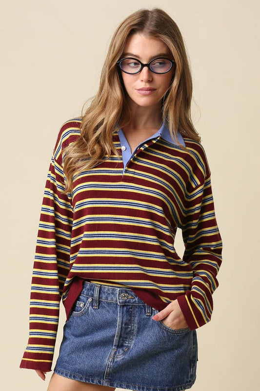 Lena Stripe Collared Knit Top | Olivaceous