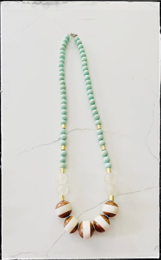 Tanzania Wood & Bone Bead Glass Bead Necklace- Mint Green