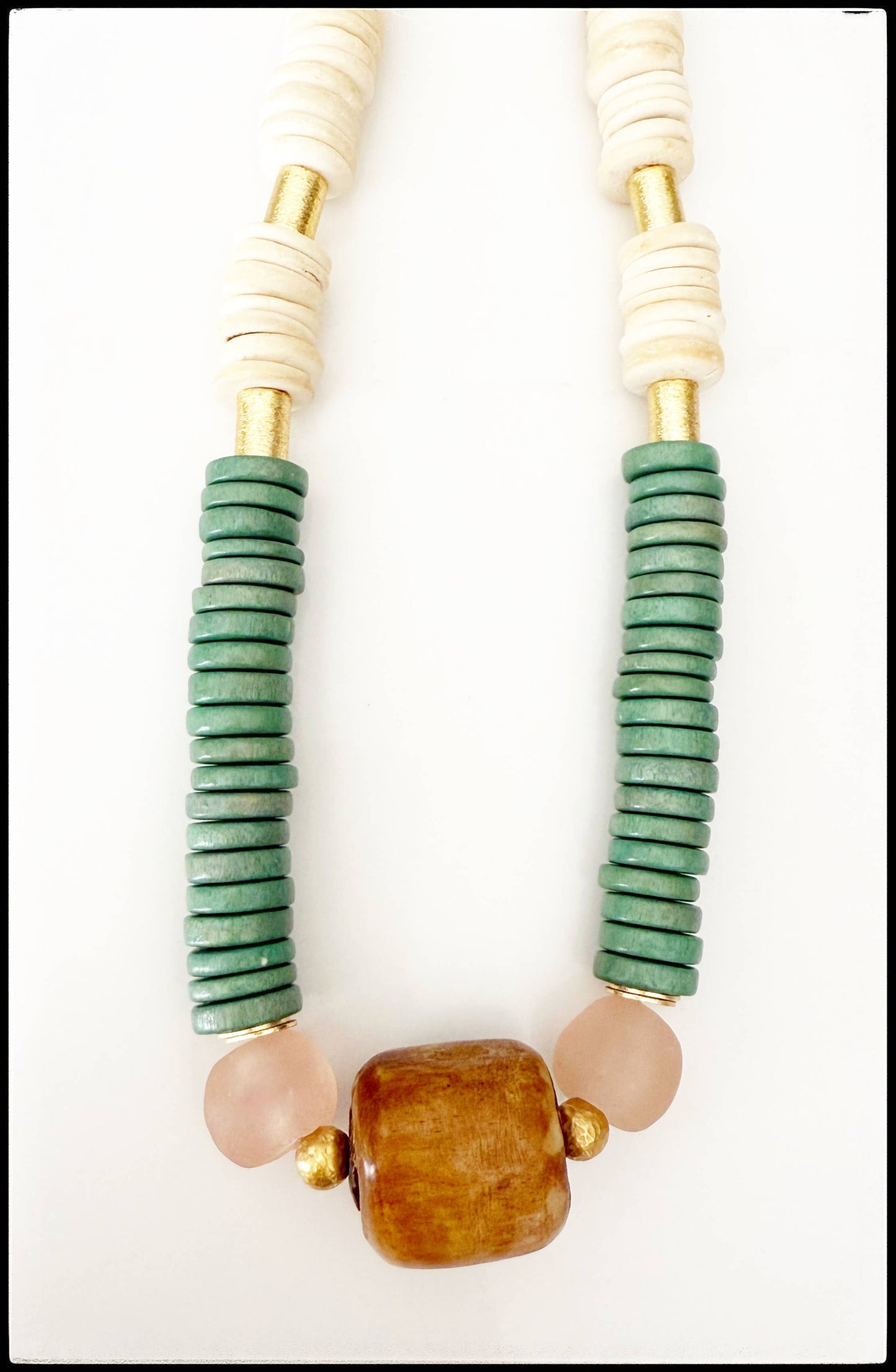 Midi Short Coconut Wood Bone Bead Recycled Glass Bead Green