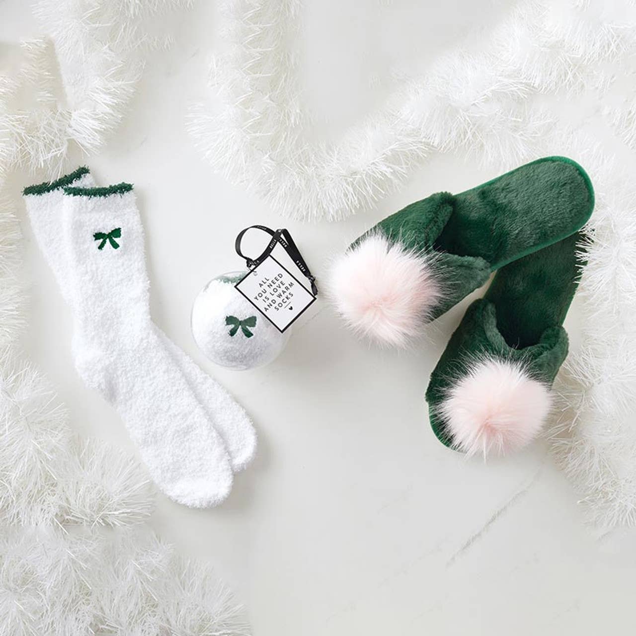 The Maidson Slipper- Green with Blush Pom Pom