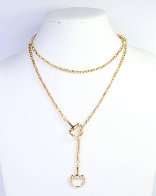 Ellen Horsebit Long Lariat Chain Necklace Gold