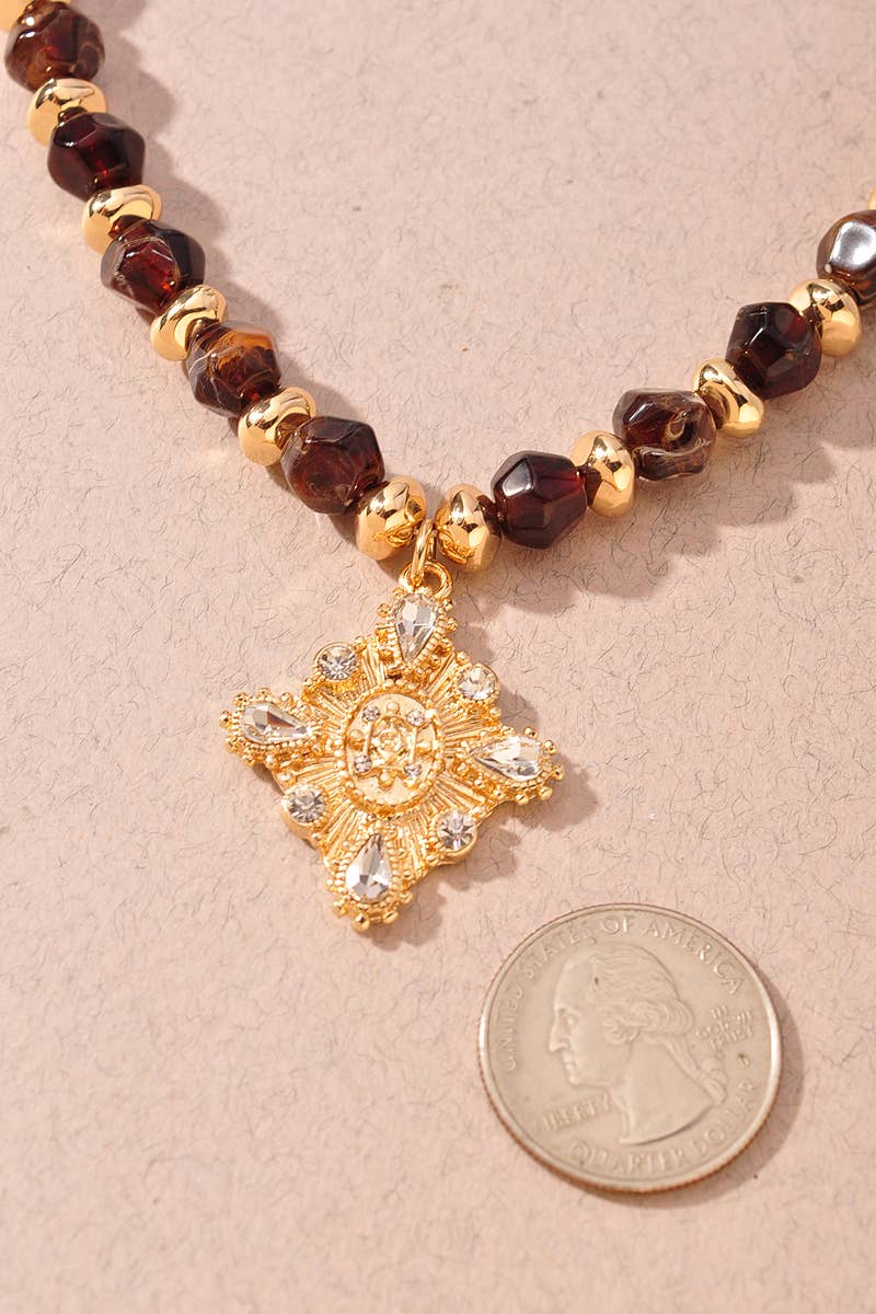 Brown Beaded Pave Charm Statement Necklace