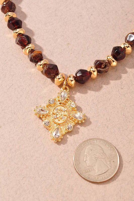Brown Beaded Pave Charm Statement Necklace