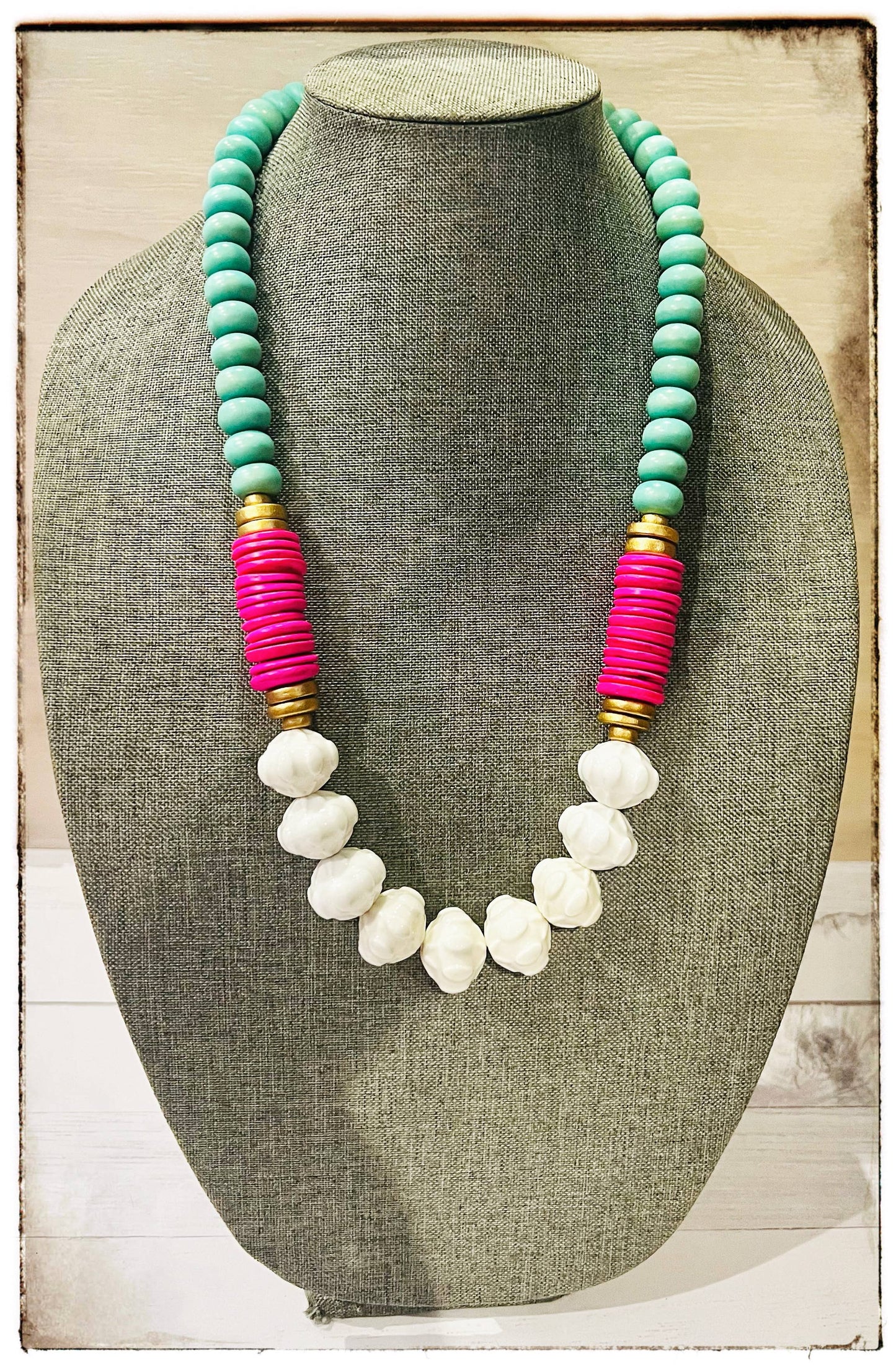 White Ceramic Glass Beads & Pink Coconut Wood Bead Necklace