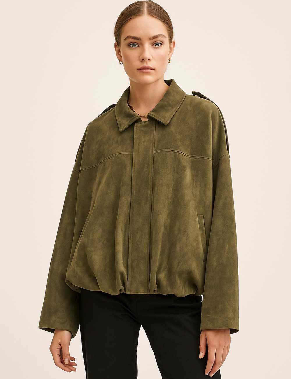 Olive Faux Suede Bomber