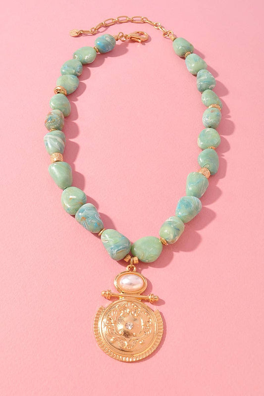 Mint Marble Beaded Medallion Pendant Necklace