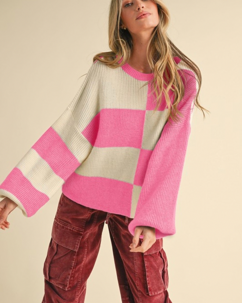 Oversized Salmon Pink Color Block Sweater