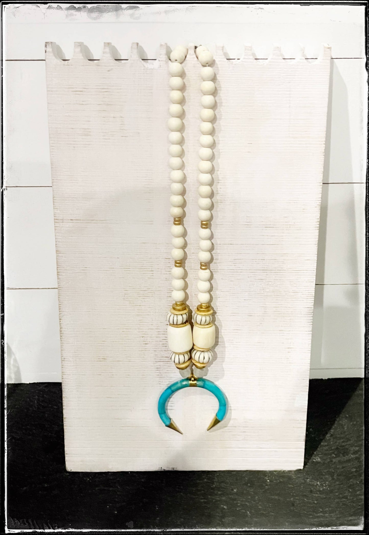 Wood & Afr. Bead w/ Turq. Pendant - Stripe African Bone Bead