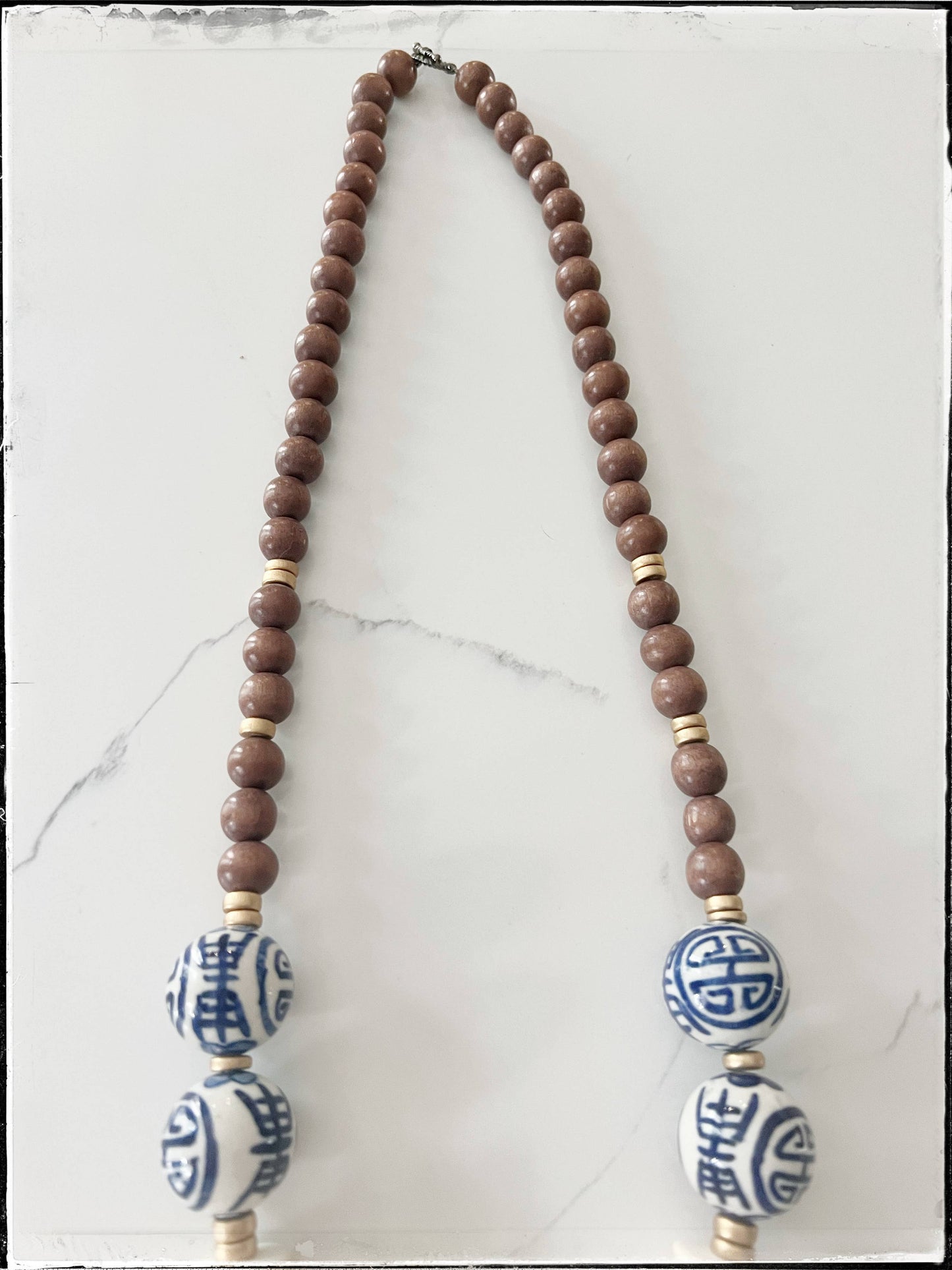 Blue Ceramic Chinoiserie Glass Bead & Wood Necklace- Tan
