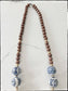 Blue Ceramic Chinoiserie Glass Bead & Wood Necklace- Tan