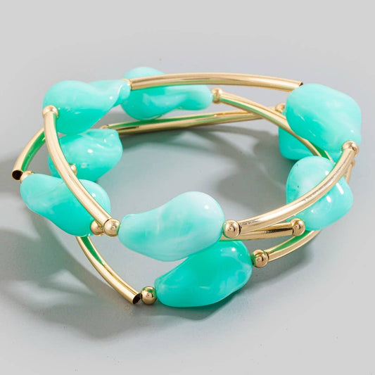 Marble Resin Irregular Beads And Metallic Tubes Bracelet Set