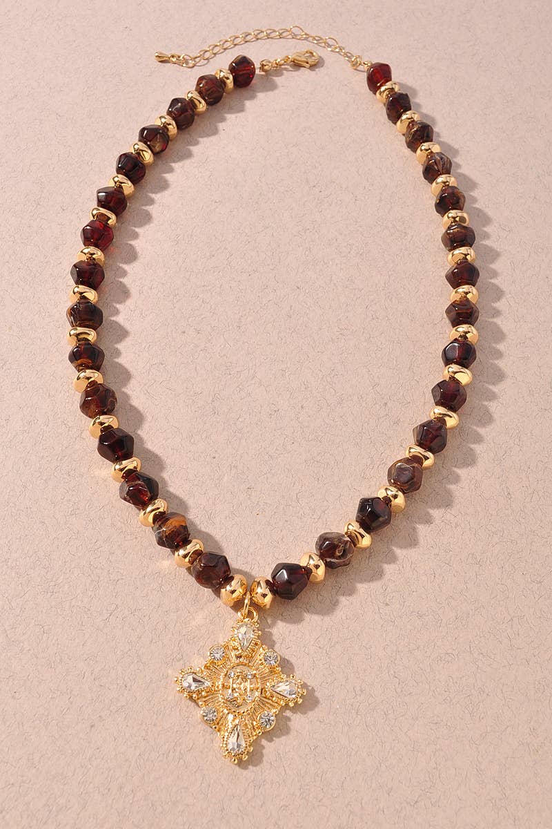 Brown Beaded Pave Charm Statement Necklace