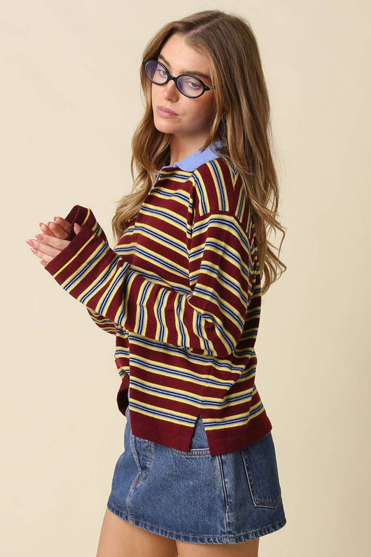Lena Stripe Collared Knit Top | Olivaceous