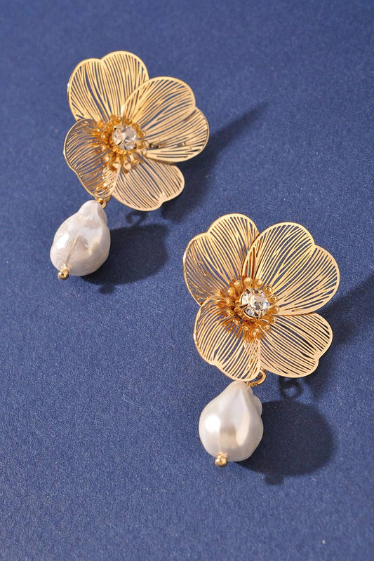 FLOWER PEARL BEAD LINK DANGLE EARRINGS
