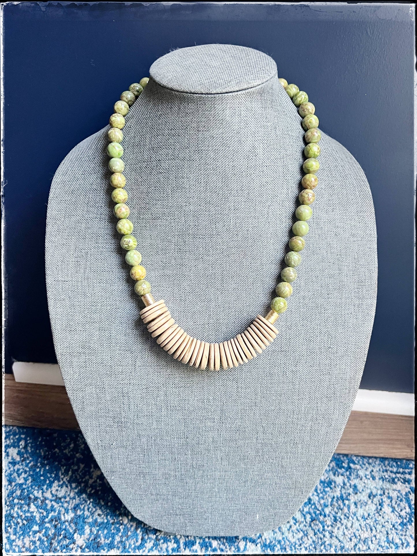 Short Wood African Turquoise Bead Necklace Coconut Green