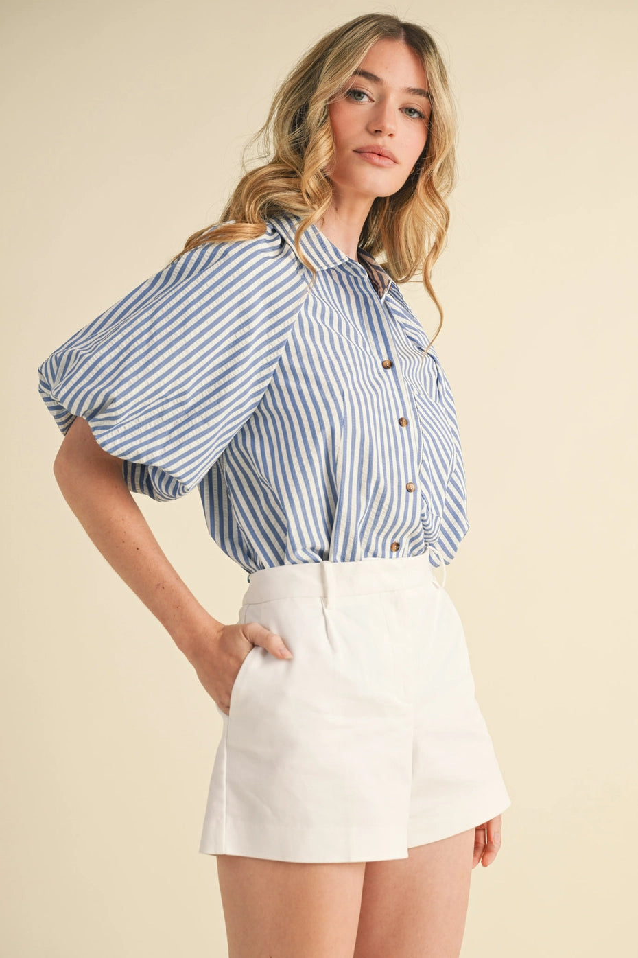 The Blue Bubble Sleeve Button Blouse | &Merci