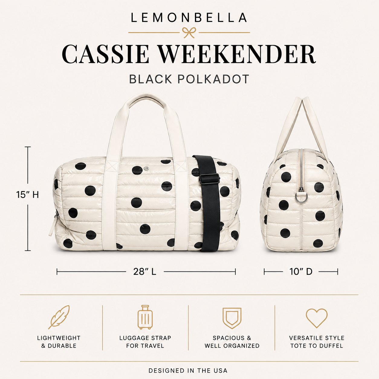 Cassie Weekender Duffel Bag | Black Polkadot