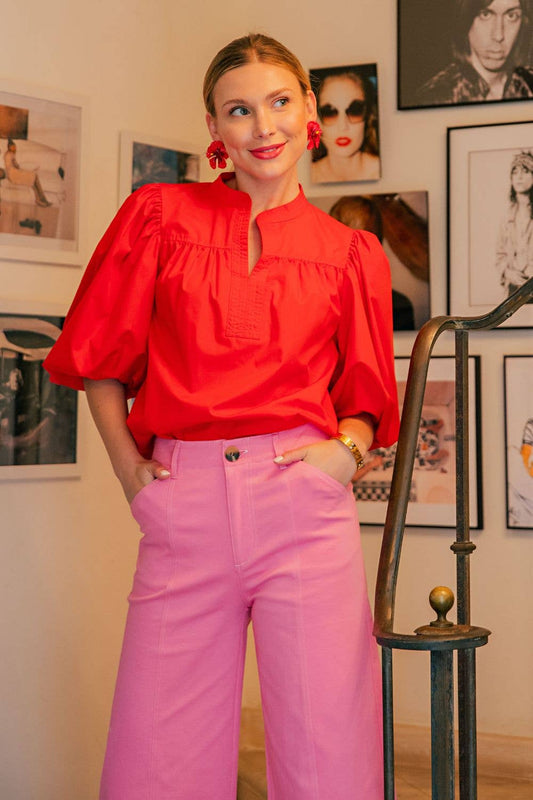 China Collar V-Neck Bubble Sleeve Poplin Top